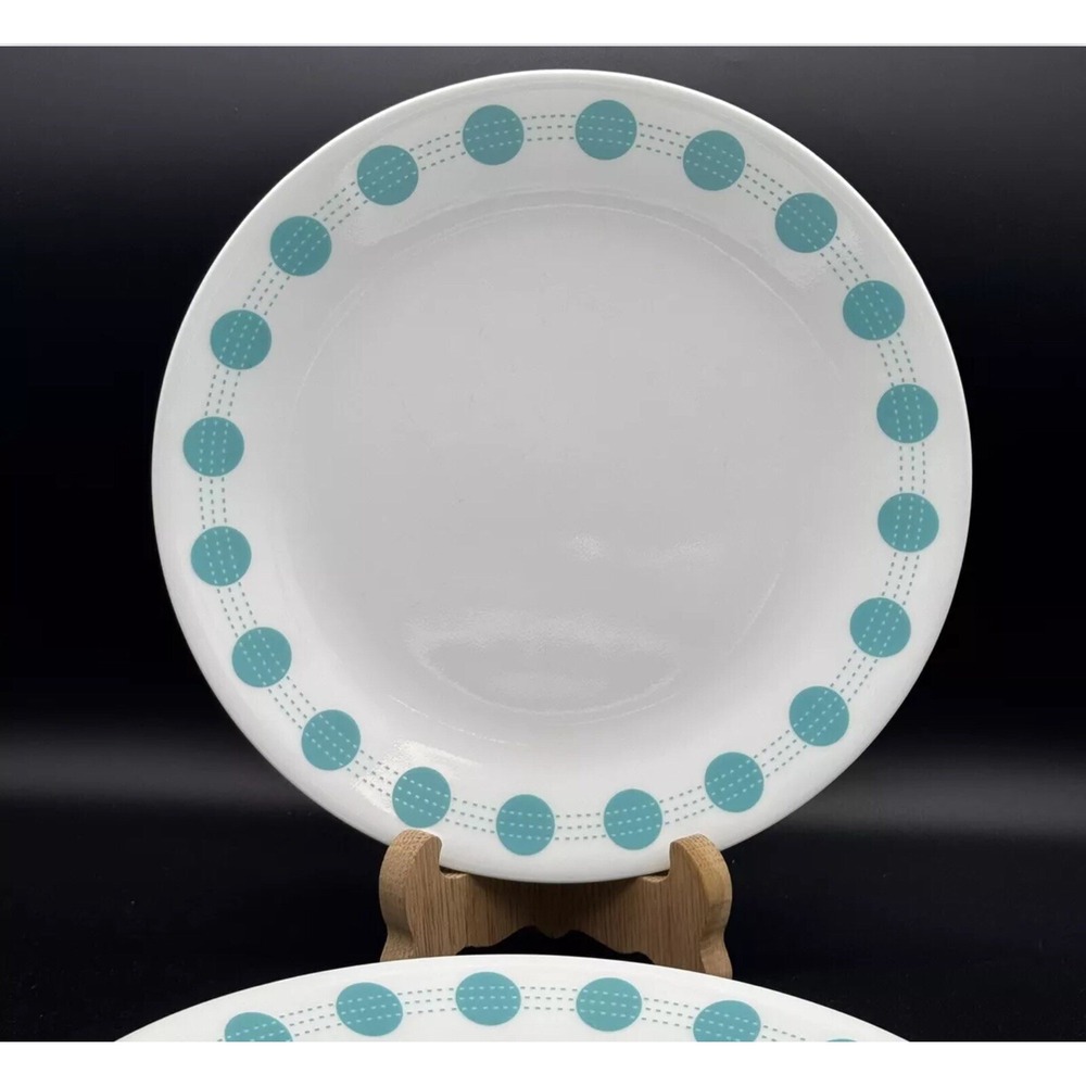 8 Corelle Vitrelle South Beach 10.25" Dinner Plates ~ Turquoise Blue Dots